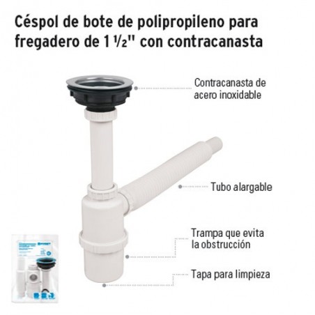 Céspol de Bote de Polipropileno para Fregadero de 1 1/2" con Contracanasta FOSET