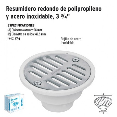 Resumidero Redondo de Polipropileno y Acero Inoxidable 3 3/4" FOSET