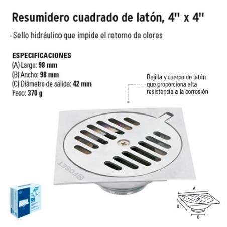 Resumidero Cuadrado de Latón 4" x 4" FOSET