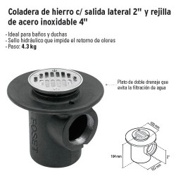 Coladera de Hierro c/ Salida Lateral 2" y Rejilla de Acero Inoxidable 4" FOSET