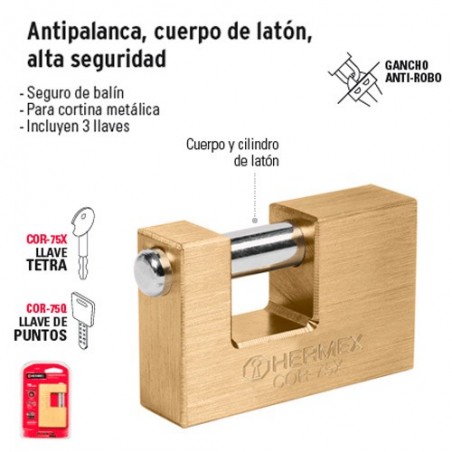 Candado Antipalanca Cuerpo de Latón Alta Seguridad 75 mm