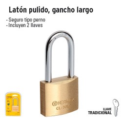 Candado de Latón Pulido Gancho Largo HERMEX BASIC