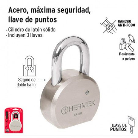 Candado de Acero Máxima Seguridad Llave de Puntos HERMEX