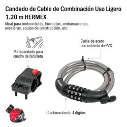 Candado de Cable de Combinación Uso Ligero 1.20 m HERMEX