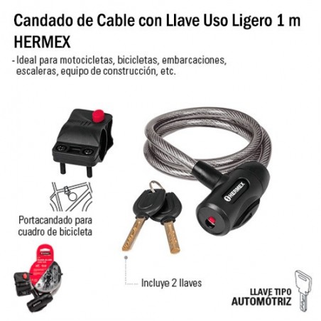 Candado de Cable con Llave Uso Ligero 1 m HERMEX