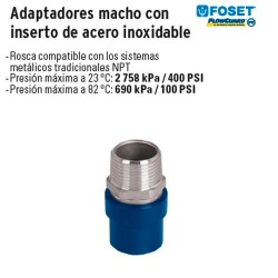 Adaptadores Macho con Inserto de Acero Inoxidable de CPVC Azul FOSET