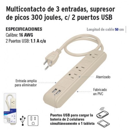 Multicontacto de 3 Entradas Supresor de Picos 300 Joules con 2 Puertos USB VOLTECK