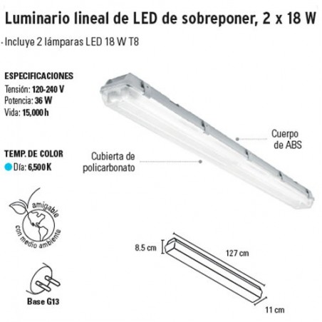 Luminario Lineal de LED de Sobreponer 2 x 18 W VOLTECK