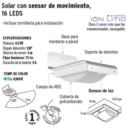 Arbotante Solar con Sensor de Movimiento 16 LEDS VOLTECK