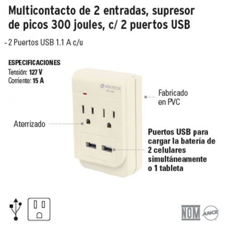 Multicontacto de 2 Entradas Supresor de Picos 300 Joules con 2 Puertos USB VOLTECK