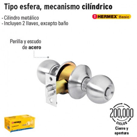 Cerradura de Pomo Tipo Esfera Mecanismo Cilíndrico HERMEX BASIC