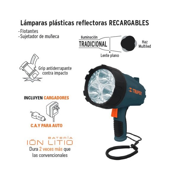 Lámpara recargable de LED 550 lm alta potencia, Truper, Lámparas