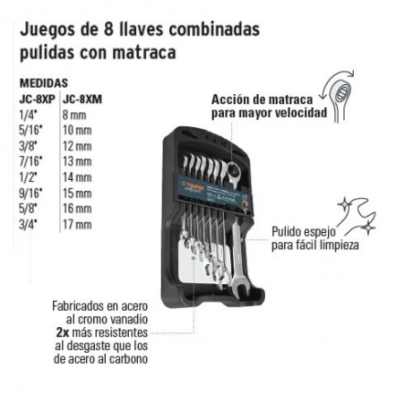 Juego de 8 Llaves Combinadas Pulidas con Matraca TRUPER