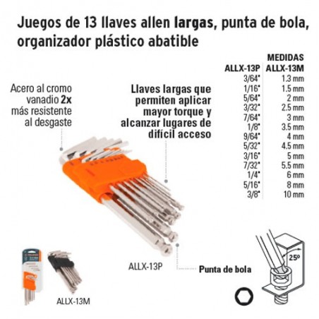 Juego de 13 Llaves Allen Largas Punta de Bola Organizador Plástico Abatible TRUPER