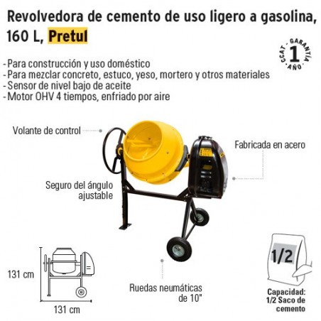 Revolvedora de Cemento de Uso Ligero a Gasolina 160 L PRETUL