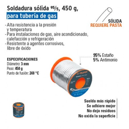 Soldadura Solida 95/5 450 g para Tuberia de Gas TRUPER