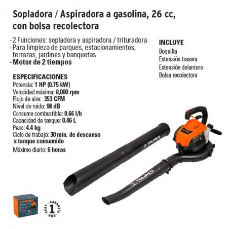 Sopladora / Aspiradora a Gasolina 26 cc con Bolsa Recolectora TRUPER