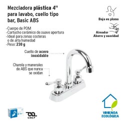 Mezcladora Plastica 4'' para Lavabo Cuello Tipo Bar Basic ABS FOSET