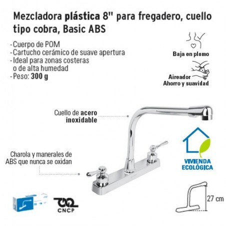 Mezcladora Plastica 8'' para Fregadero Cuello Tipo Cobra Basic ABS FOSET