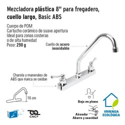 Mezcladora Plastica 8'' para Fregadero Cuello Largo Basic ABS FOSET