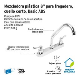 Mezcladora Plastica 8'' para Fregadero Cuello Corto Basic ABS FOSET