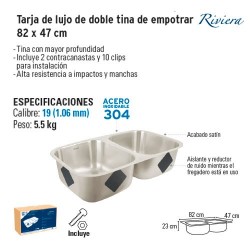 Tarja de Lujo de Doble Tina de Empotrar 82 x 47 cm FOSET