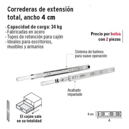 Correderas de Extension Total Ancho 4 cm HERMEX