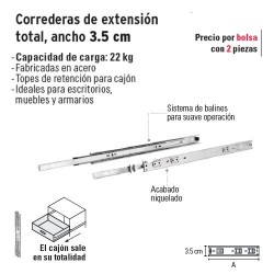 Corredera de Extension Total Ancho 3.5 cm HERMEX