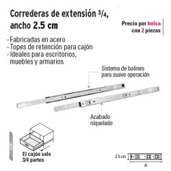 Corredera de Extension ¾ Ancho 2.5 cm HERMEX