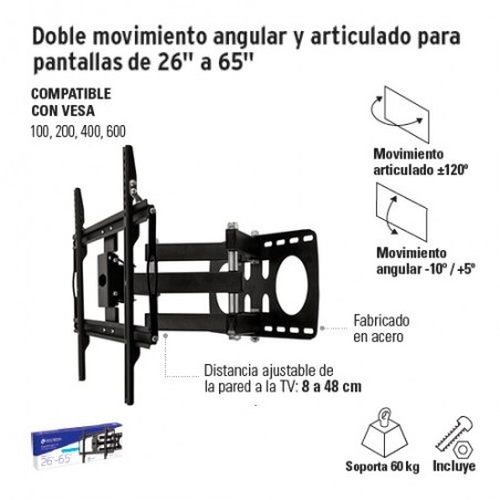 Doble Movimiento Angular y Articulado para Pantallas de 26" a 65" VOLTECK