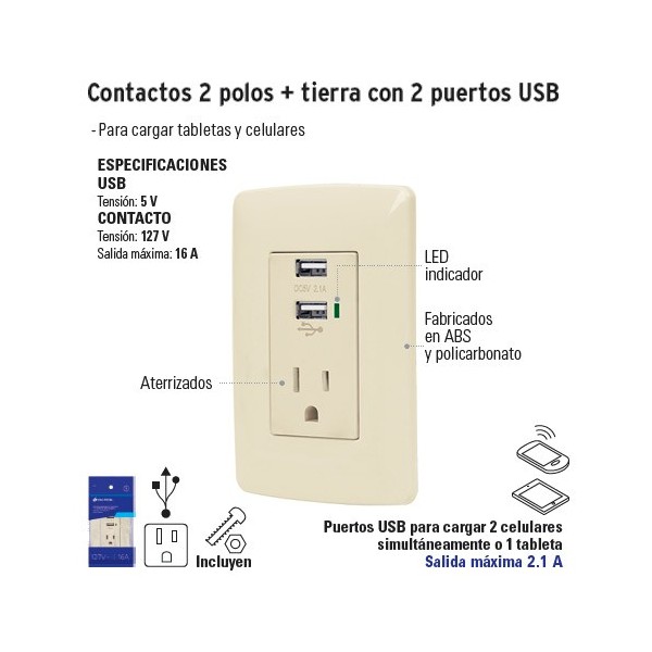 Contactos 2 Polos + Tierra con 2 Puertos USB VOLTECK