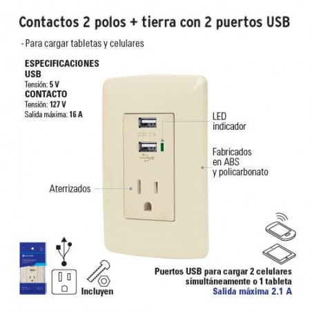 Contactos 2 Polos + Tierra con 2 Puertos USB VOLTECK