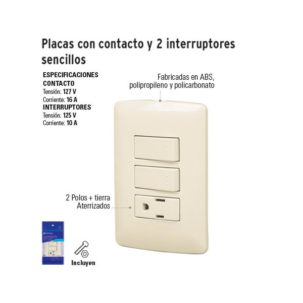 Placa con Contacto y 2 Interruptores Sencillos VOLTECK