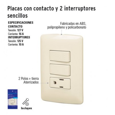 Placa con Contacto y 2 Interruptores Sencillos VOLTECK