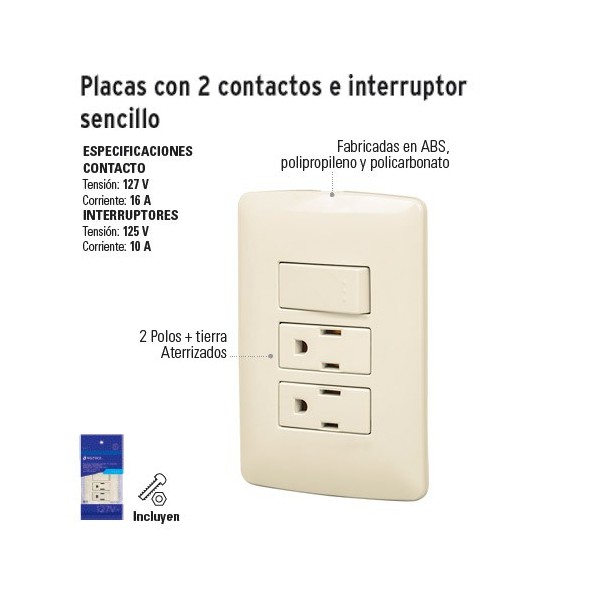 Placas con Dos Contactos e Interruptor Sencillo VOLTECK