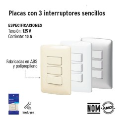 Placa con 3 Interruptores Sencillos VOLTECK