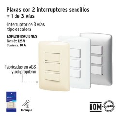 Placa con 2 Interruptores Sencillos +1 de 3 Vias VOLTECK