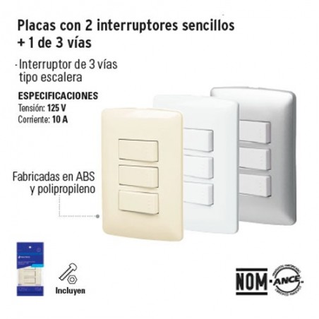 Placa con 2 Interruptores Sencillos +1 de 3 Vias VOLTECK