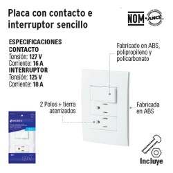 Placa con 2 Contactos e Interruptor Sencillo VOLTECK