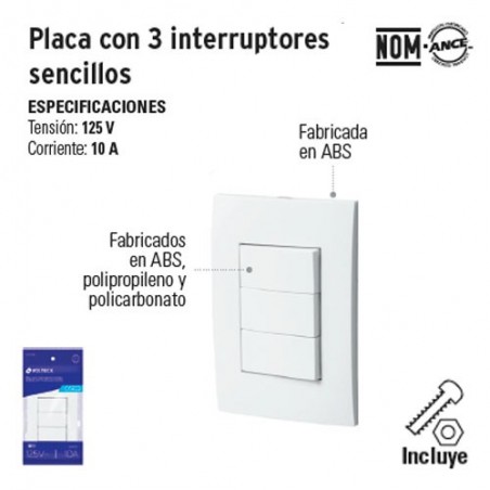 Placa con 3 Interruptores Sencillos VOLTECK