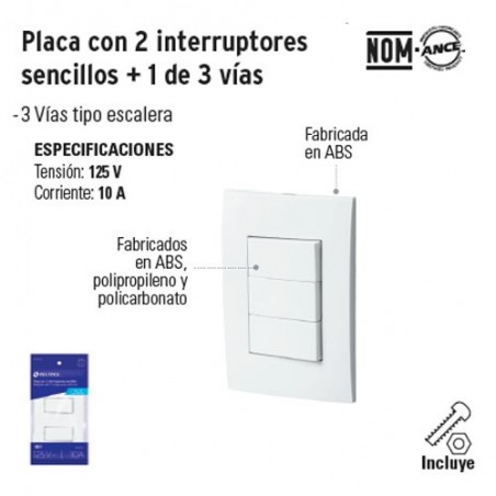 Placa con 2 Interruptores Sencillos + 1 de 3 Vias VOLTECK