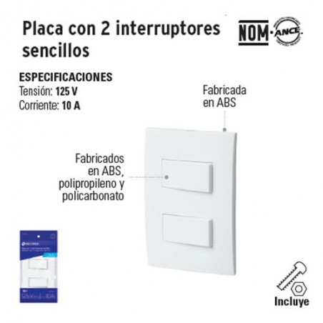 Placa con 2 Interruptores Sencillos VOLTECK