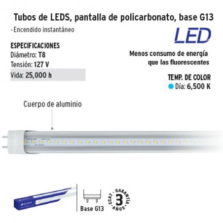 Tubo de LED Pantalla de Policarbonato Base G13 VOLTECK