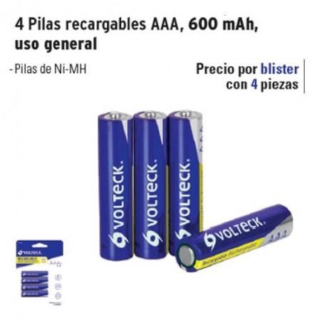 4 Pilas Recargables AAA 600 mAh Uso General VOLTECK