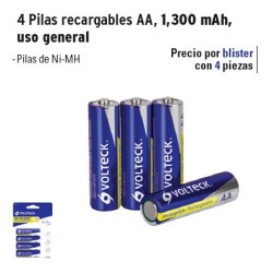 4 Pilas Recargables AA 1300 mAh Uso General VOLTECK