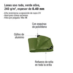 Lona Uso Rudo Verde Olivo 240 g/m Espesor de 0.40 mm TRUPER