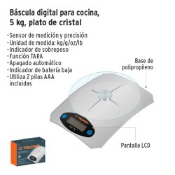 Báscula digital para cocina, 5 kg, plato de vidrio