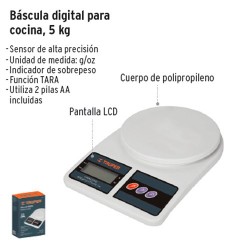 Balanza Cocina Digital Hasta 5 Kilos Plato Vidrio BASE-5EC Truper