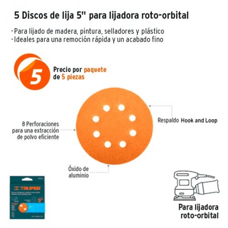 5 Discos de Lija 5" para Lijadora Roto-Orbital TRUPER