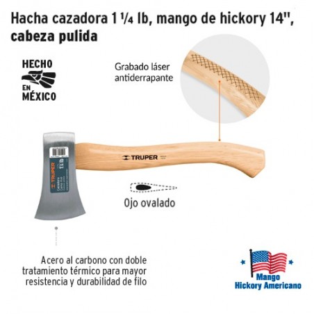 Hacha Cazadora 1 1/4 lb Mango de Hickory 14" Cabeza Pulida TRUPER